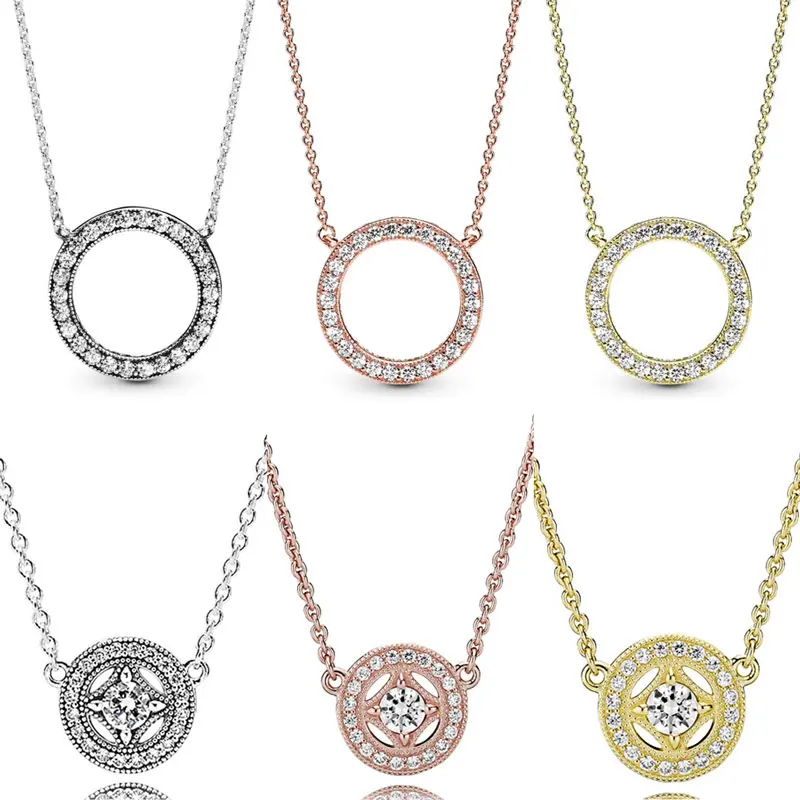 

Rose Gold Allure Accented Circular Hearts Of Collier Pendant 925 Sterling Silver Necklace For Fashion Bead Charm DIY Jewelry