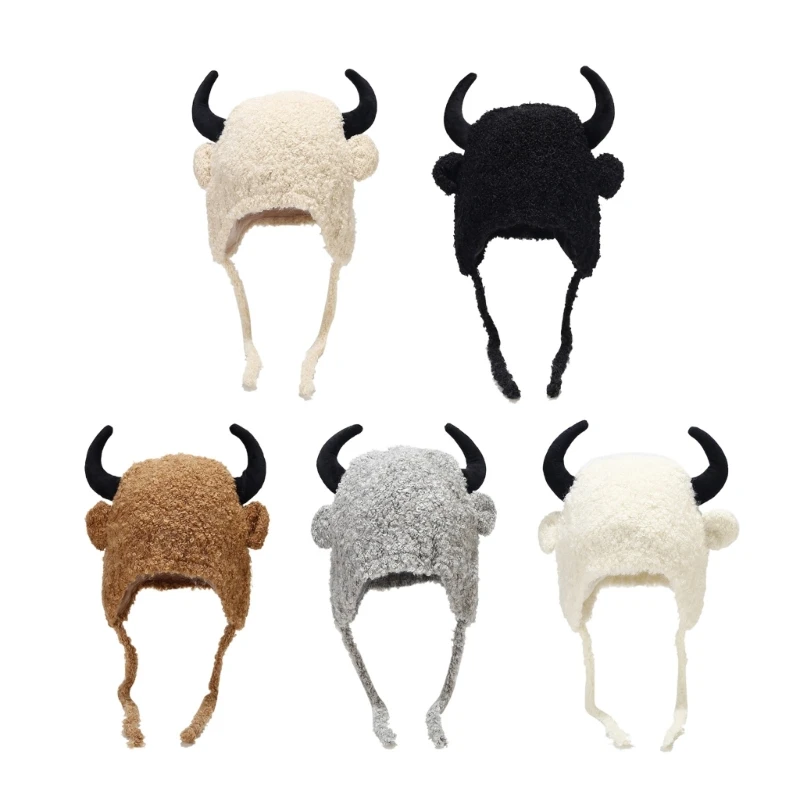 

Gothic Ox Horn Shape Winter Hat Solid Color Polyester Hats for Adult Fluffy Ear Protects Hats Adult Shopping Skiing