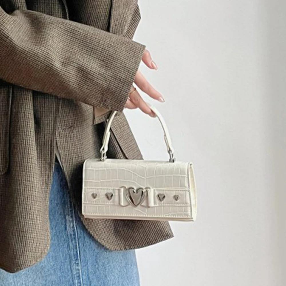 Fashion Alligator Women's Handbags Beading Chains Crossbody Bags for Women Heart Lock Catch Shoulder Bag Crocodile Pattern Flap