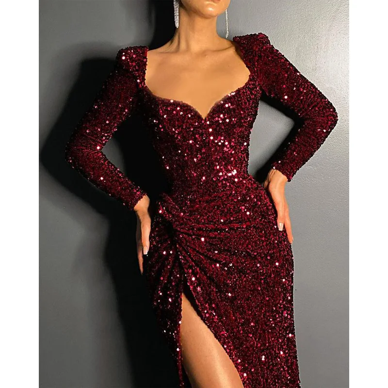 Luxury Evening Dress Long Sleeves Square Collar Split Floor-Length Gown 2022 Ever Pretty of Gorgeous Prom Sequins Women Dress