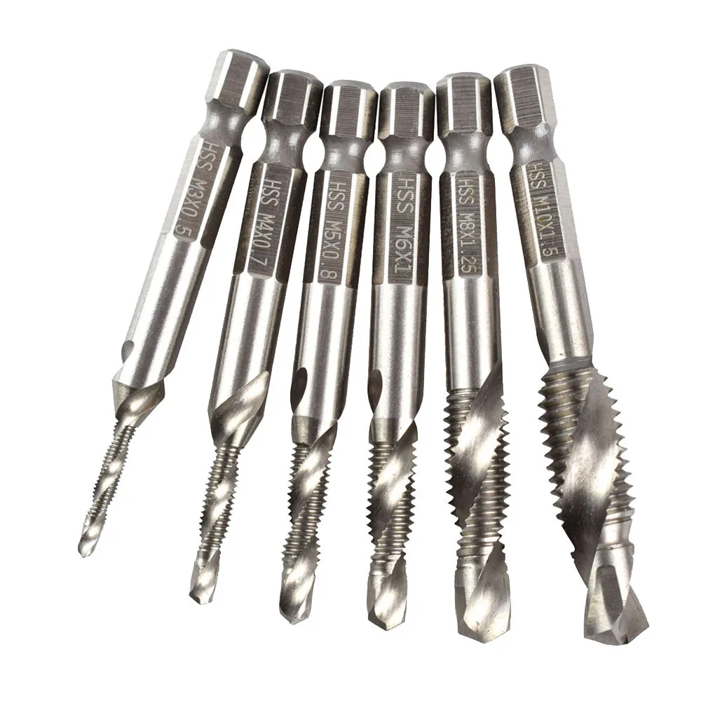 

6Pcs HSS High Speed Steel Drill Bits Set 1/4" Hex Shank Metric Screw Thread Tap Taper Twist Drill Bit M3 M4 M5 M6 M8 M10