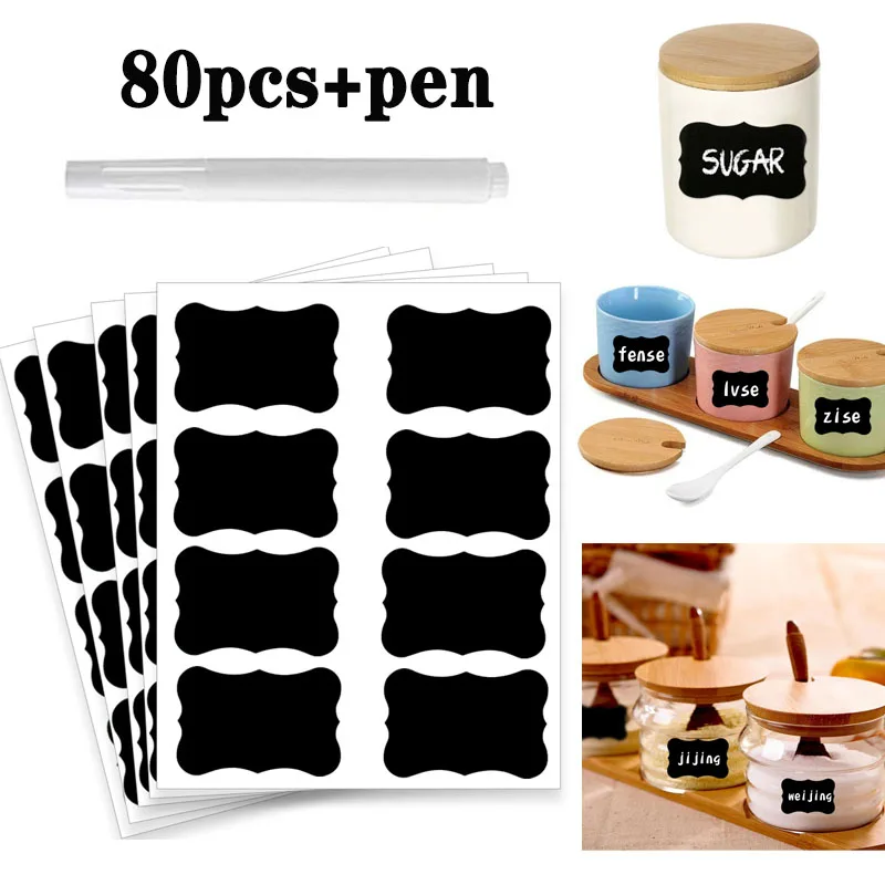 

80-240pcs Waterproof Chalkboard Kitchen Spice Label Stickers Home Jars Bottles Tags Blackboard Labels Sticker NO with Marker Pen