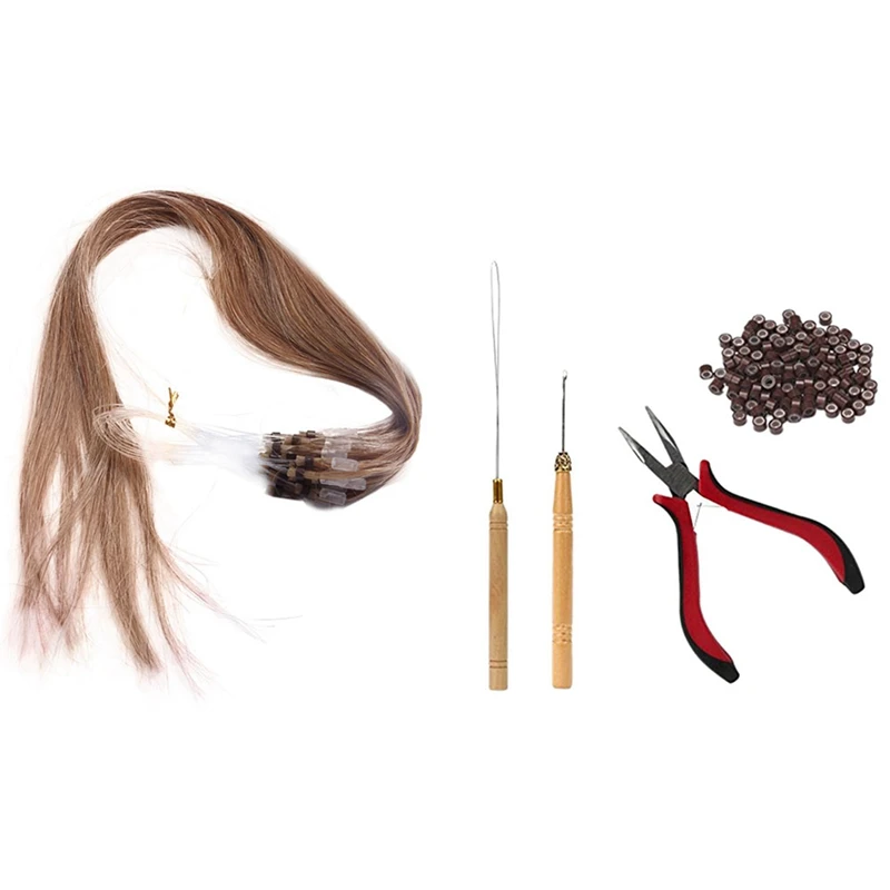 

100X Tipped Real Human Hair Extensions 40CM & 1 Set Clamp Hook Pull Pin 200Pc Micro-Silicone Link Ring Beads
