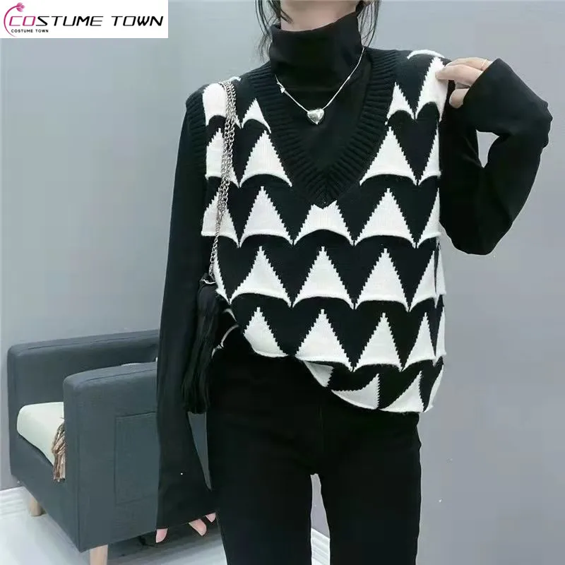 

Fashion Casual Women's Tank Top 2023 Spring and Autumn New Korean Version Loose and Thin Contrast V-neck Knitted Tank Top