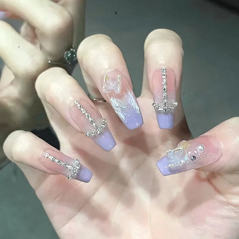 

Z405 Purple French Fake Nails Set Press on Faux Ongles with Rhinestone Designs