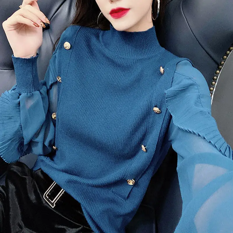 

Fashion Half High Collar Button Knitted Spliced Korean Ruffles Sweaters Women's Clothing 2022 Autumn New Loose Casual Pullovers