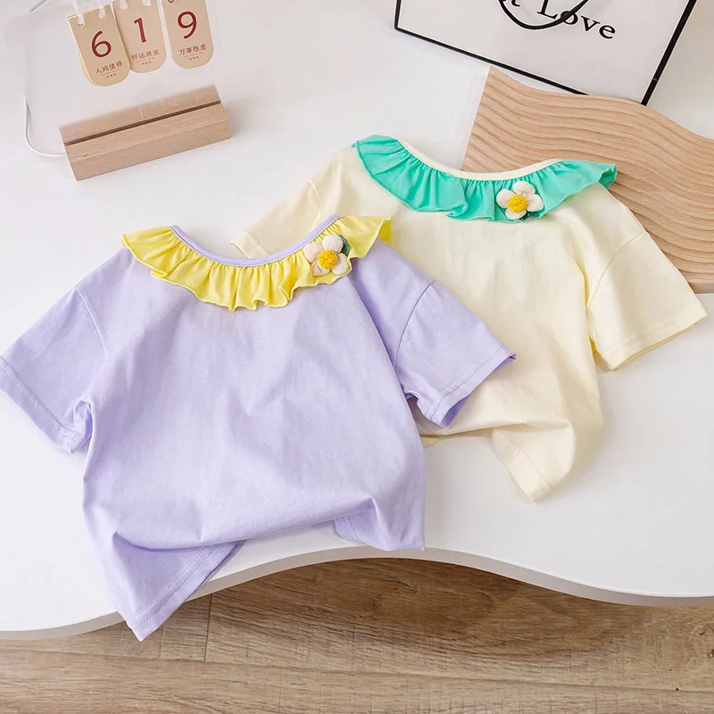 

Летняя модная женская футболка из хлопка с коротким рукавом и воротником с оборками