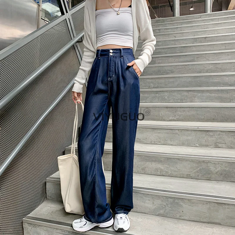 

Street Wear Deep Blue Sky Silk Wide Leg Jeans Women's Autumn Thin Section 2022 High Waist Straight Ice Silk Conventional Pants