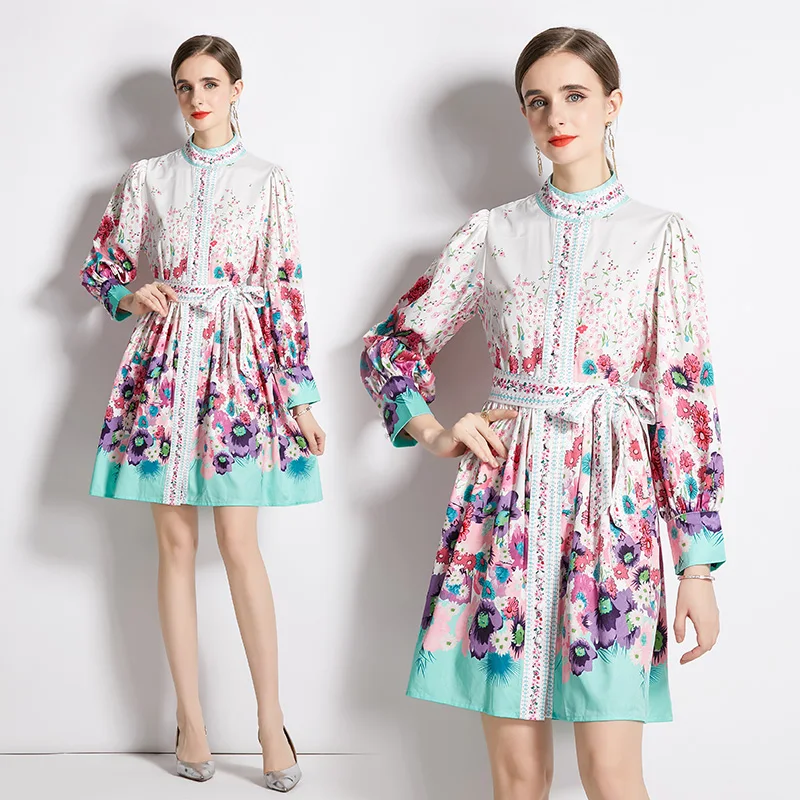 

Женское осеннее Новое винтажное однобортное платье средней длины с принтом, воротником-стойкой и длинным рукавом