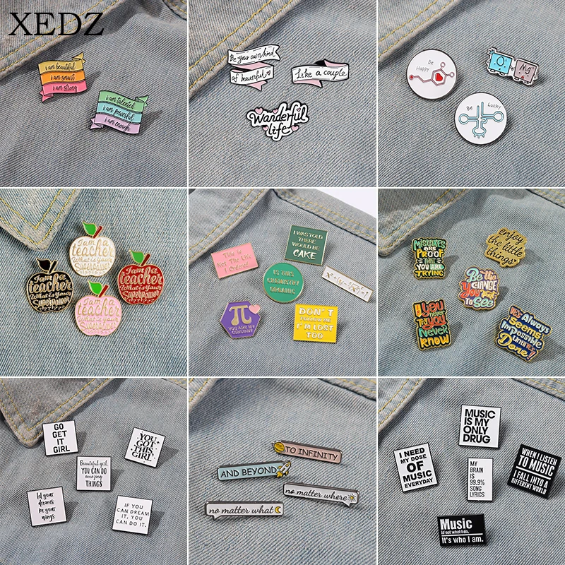 

2-6 Pieces/Set of Geometric Text Enamel Pins Custom I Am Beautiful Badges Chemical Symbols Metal Brooches Fashion Jewelry Gifts