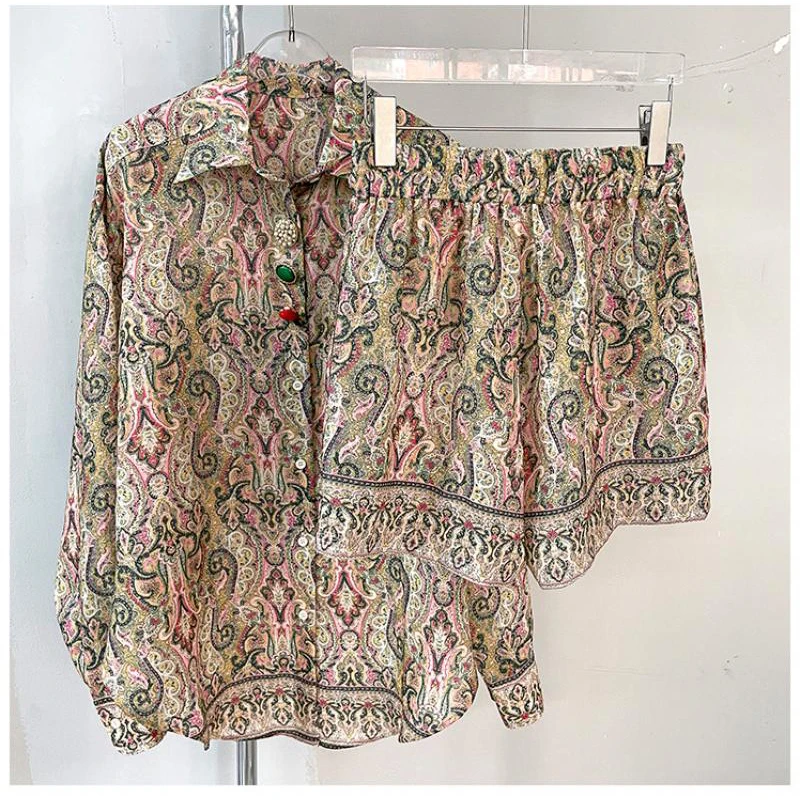 Boho Vintage Print Loose Lapel Long Sleeve Jewel Buttons Luxury Shirt + Shorts Two Piece Set 2022 Summer Vacation Clothes Women