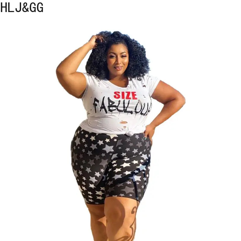 HLJ&GG Plus Size Women Shorts Sets XL-5XL Summer Hole Letter Print Tshirt+Biker Shorts Two Piece Outfits Casual 2pcs Tracksuits
