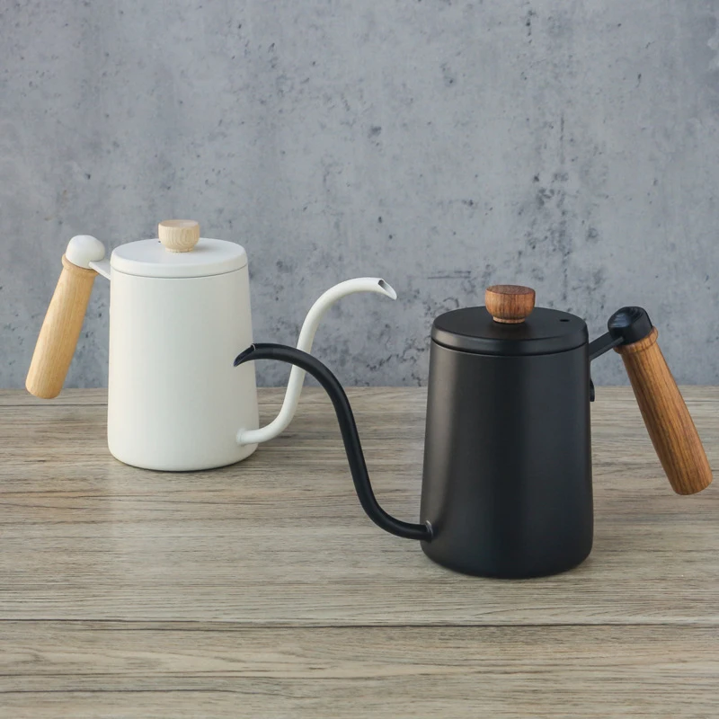 

600ml Coffee Hand Brewing Pot Solid Wood Handle Fine Mouth Swan Neck Pot Vertical Water Drip Filter Coffee Kettle
