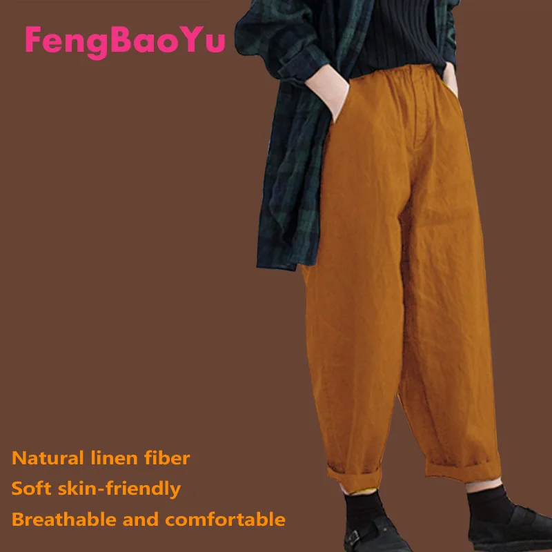 Fengbaoyu Linen Fabric Loose Waist Spring and Summer Ladies Black Radish Trousers 5XL Leisure Clothes Women's Comfortable Soft