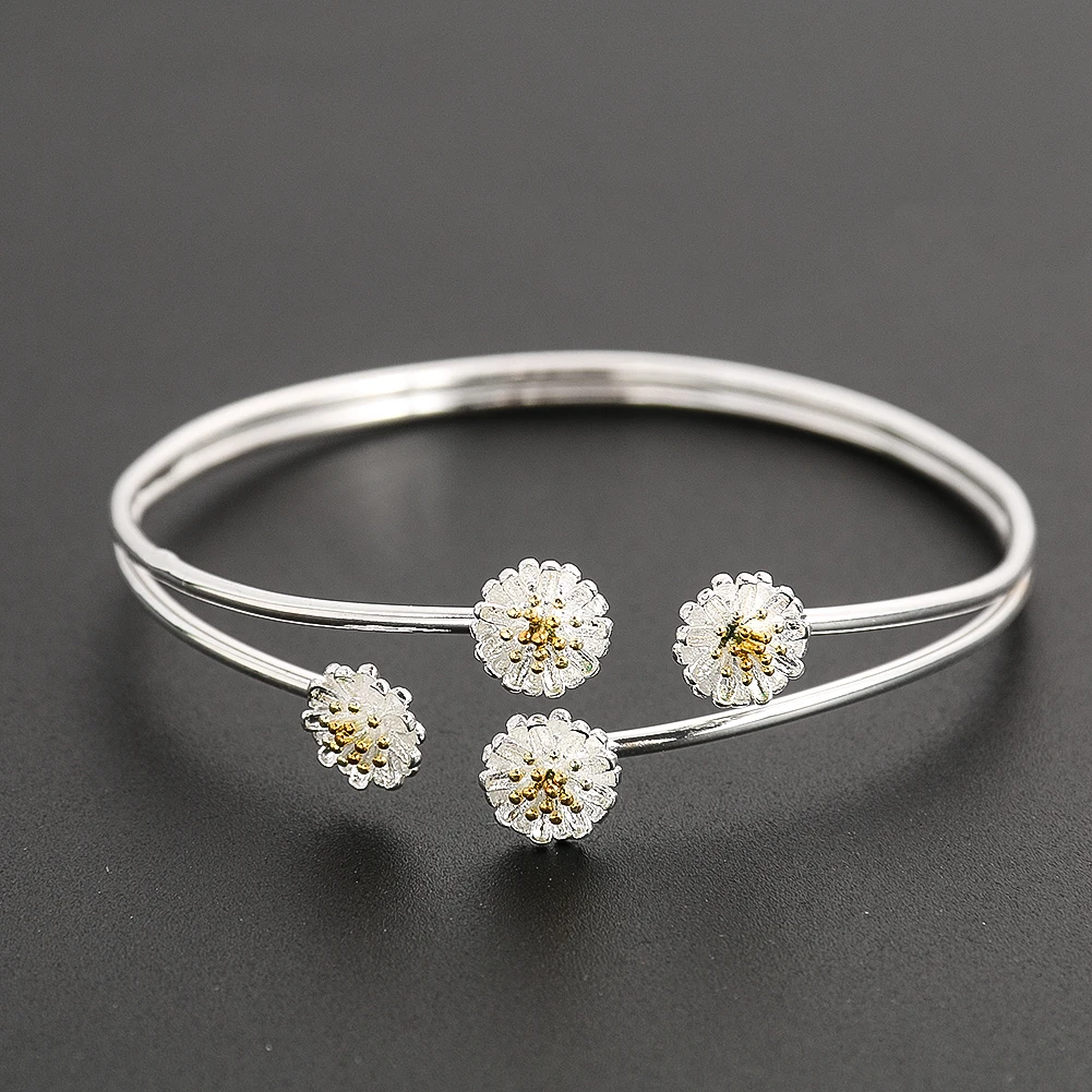 Sparkling Streamer Daisy Chrysanthemum Flower Cupronickel Copper Openable Cuff Bracelet Wedding Brides Charm Jewelry Bangle Gift