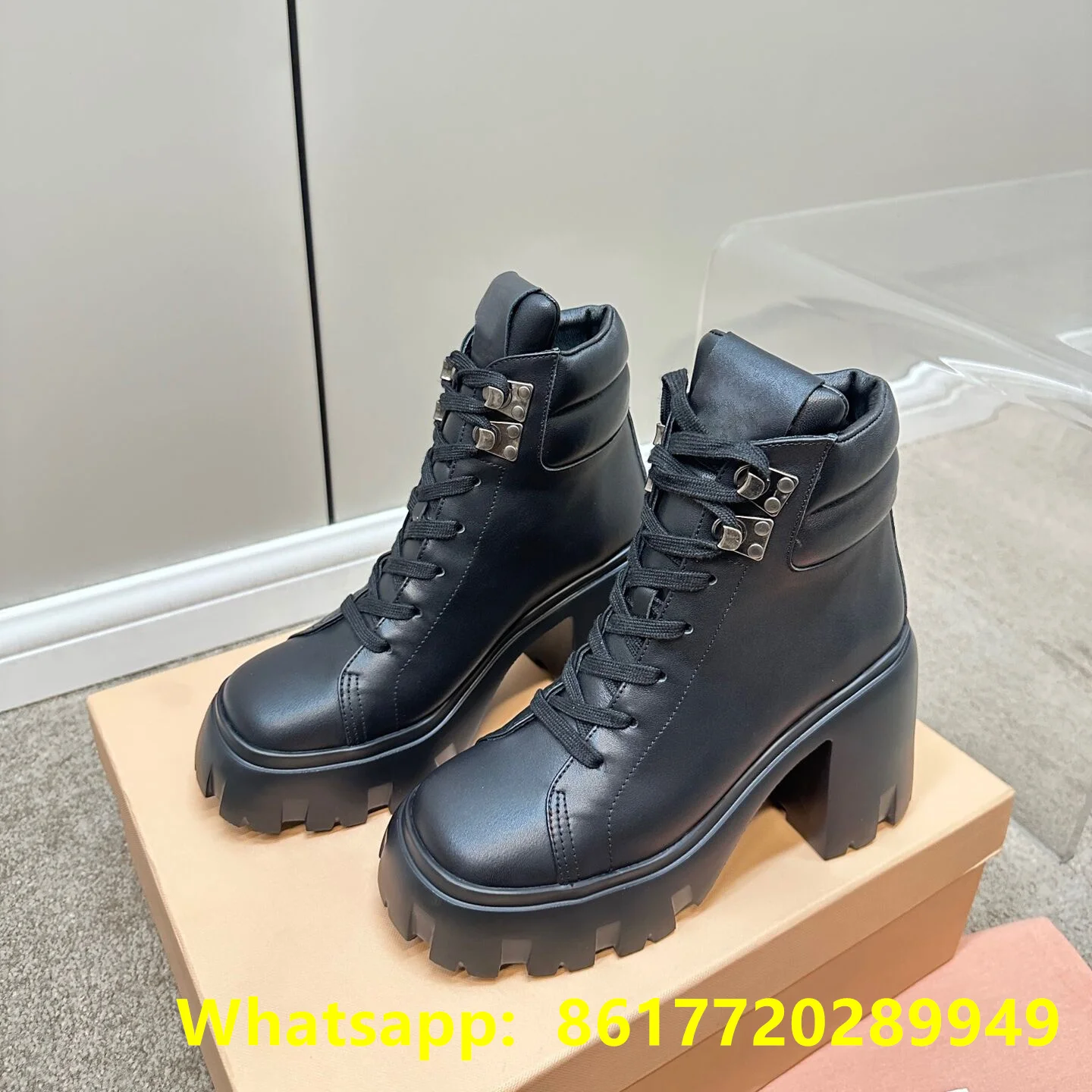 

2023 Shoes Women Genuine Leather Designer Boots Women Luxury Lace Up Platform Thick Heel Comfortable Ankle Heel Boots