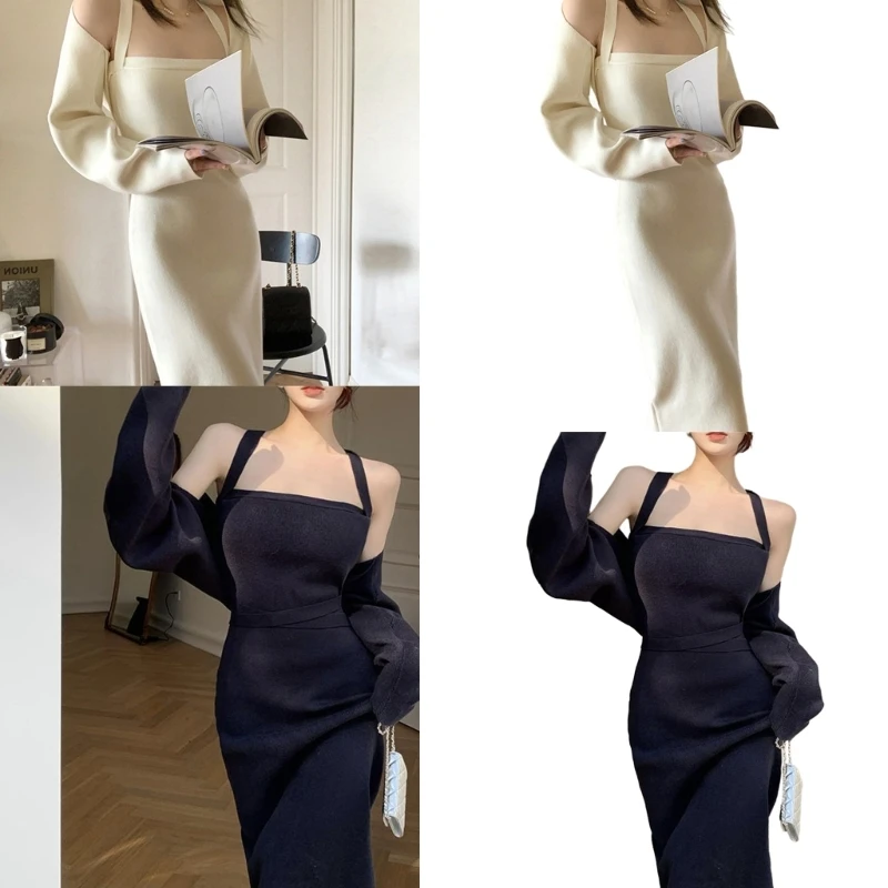 

95AB Женское платье из 2 предметов, сексуальное вязаное облегающее платье-свитер макси с длинными рукавами, укороченный топ