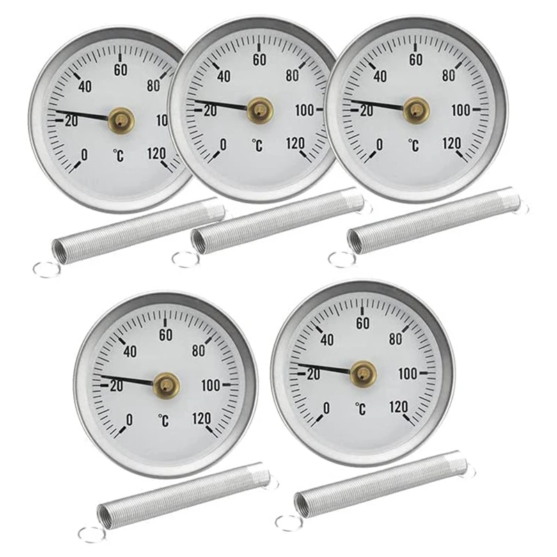 

63Mm Pipe Clip-On Dial Thermometer Temperature Round Plate Gauge With Spring,Range 0-120℃, Aluminum Case, 5Pcs Set