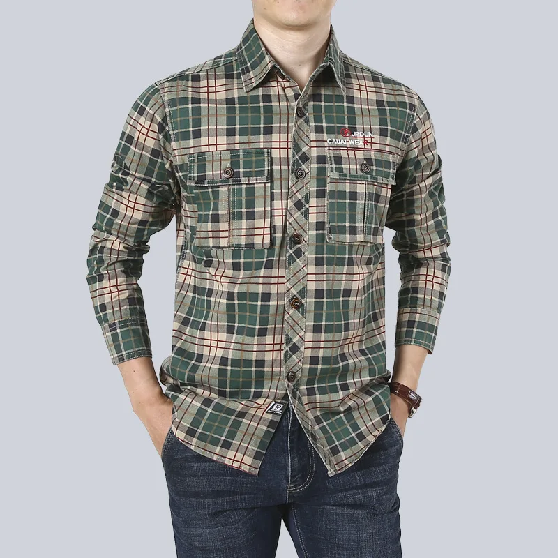 2022 Long Sleeved Shirt Men's Fit Spring and Autumn Leisure Outdoor Pure Cotton Plaid Work Shirt Autumn Wash Coat