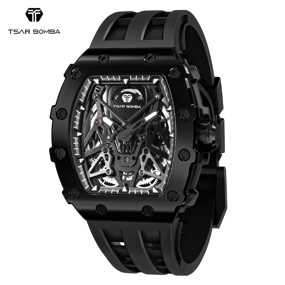 

TSAR BOMBA Automatic Watches for Men Fashion Tonneau Mechanical Clock Waterproof Luxury Luminous Skeleton WristWatch