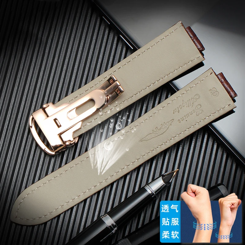American crocodile leather watch strap suitable for cartier blue balloon convex leather strap 18 20mm men and women black