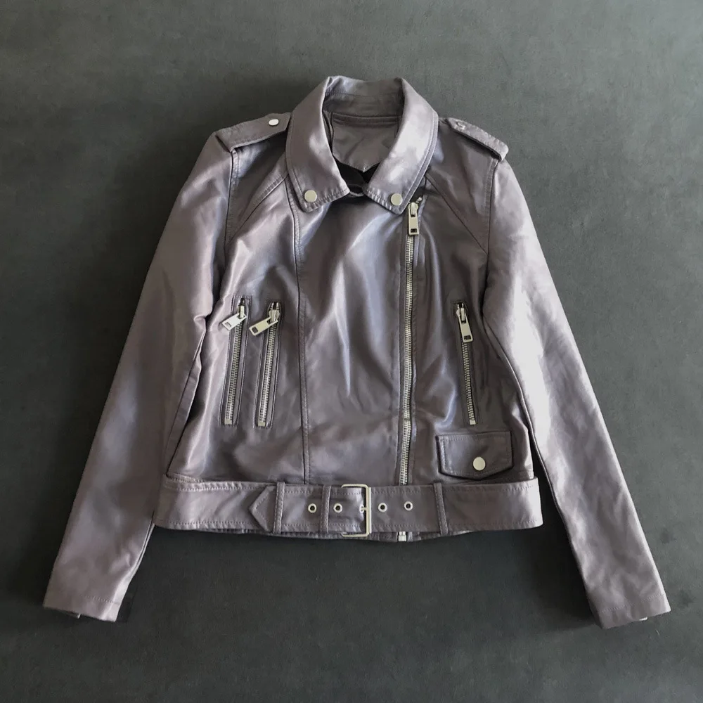 Cross-border 2023 autumn clothes new heavy industry zipper suit collar leather belt motorcycle clothes leather jacket short coat