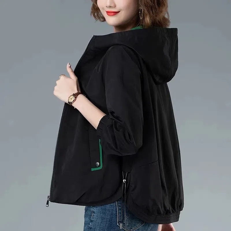 

Women Short coat 2023 Spring Autumn New Elegance Middle-Aged Mom Windbreaker Loose Ladies Jacket Casual Hooded Outerwear H2780