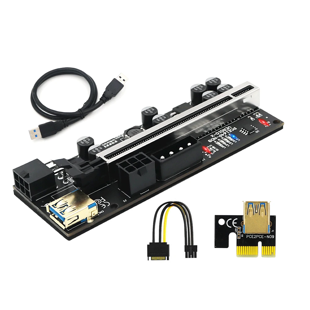 

PCI-E 1x to 16x Riser Board+PCI Express 1x Adapter+6P to SATA Cable Extender Set Riser Card Extension Cable Extender