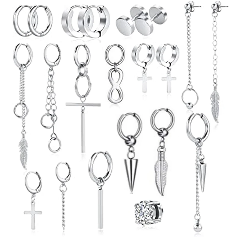 

WKOUD 1 Pcs-21 Pcs Stainless Steel Men Ladies Huggie Hoop Earrings Set Cool Goth Punk Barbell Cricoid Dangle Earrings