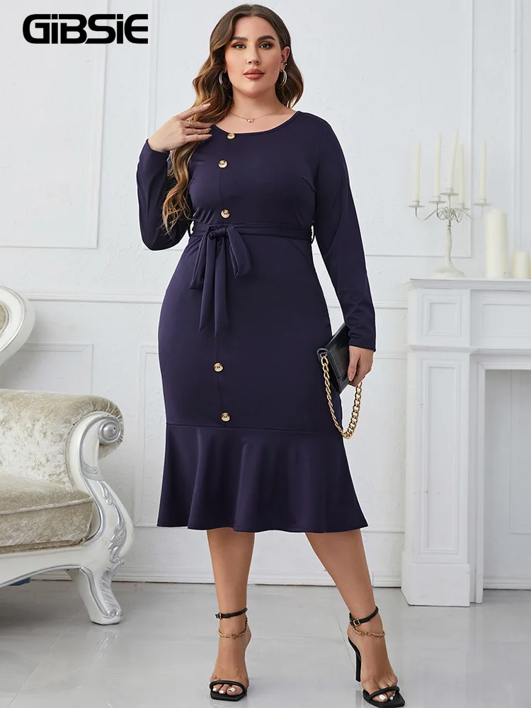 

GIBSIE Elegant O-Neck Solid Belted Bodycon Dress Plus Size Women Spring Long Sleeve Buttons Office Ladies Mermaid Hem Dresses