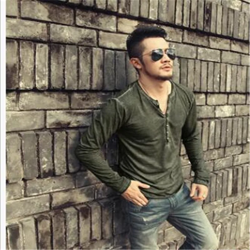

2022 Men Tee Shirt V-neck Long Sleeve Tee&Tops Stylish Slim Buttons T-shirt Autumn Casual Solid Male Clothing