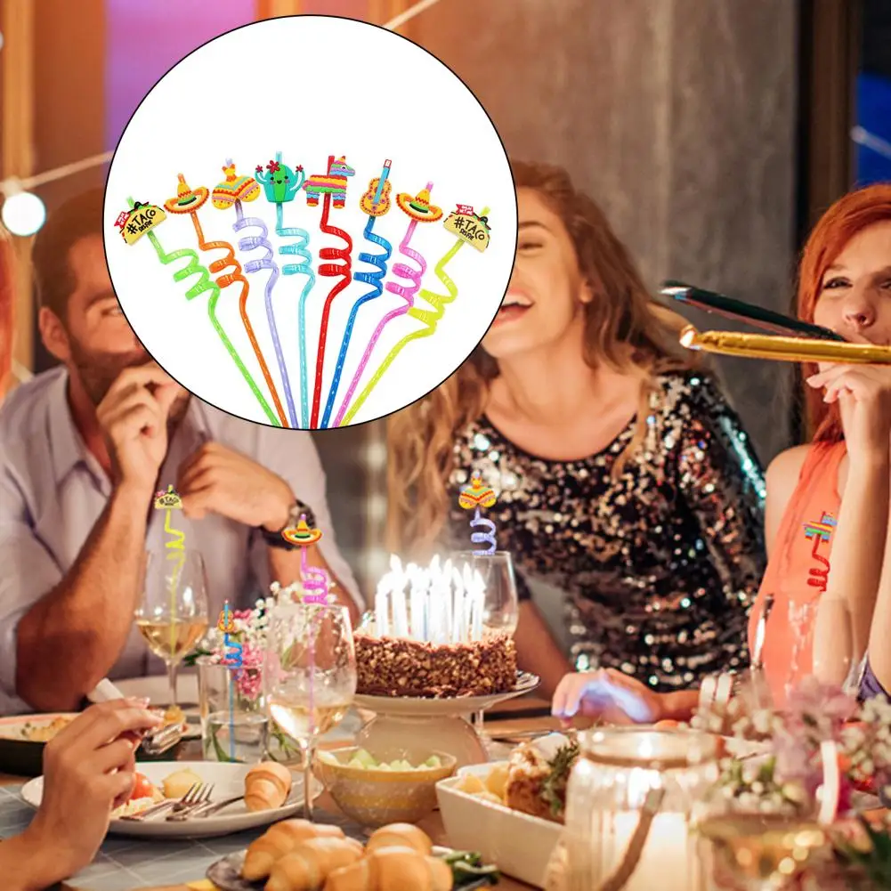 

8Pcs Drink Straw Reusable Decorative Practical Fiesta Theme Patterns Cocktail Straw for Party Disposable Straws