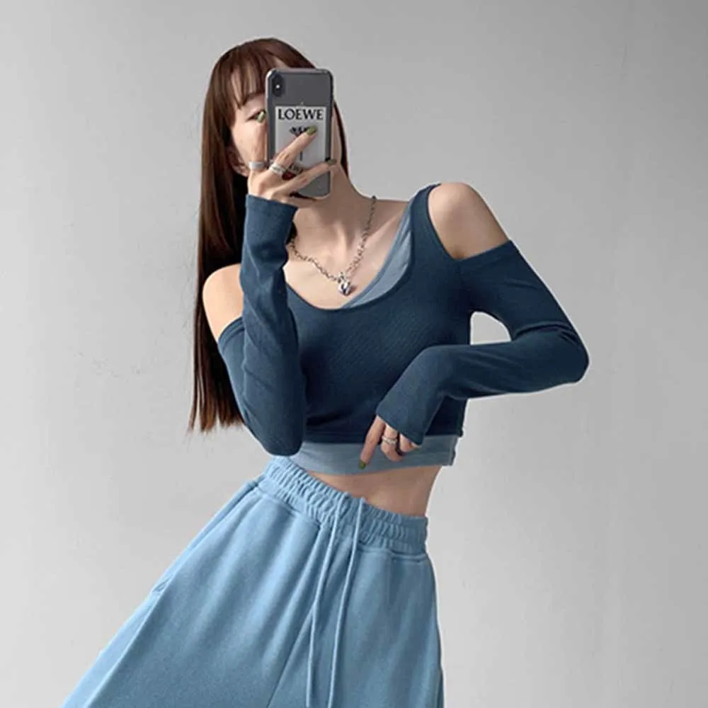 Футболка женская с длинным рукавом пикантный кроп-топ в стиле пэчворк модная