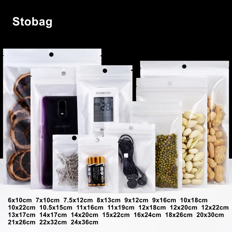 

StoBag 100pcs White Transparent Ziplock Bag Hanging Hole Plastic Food Package Sealed Storage for Mask Pen Case Resealable Pouch