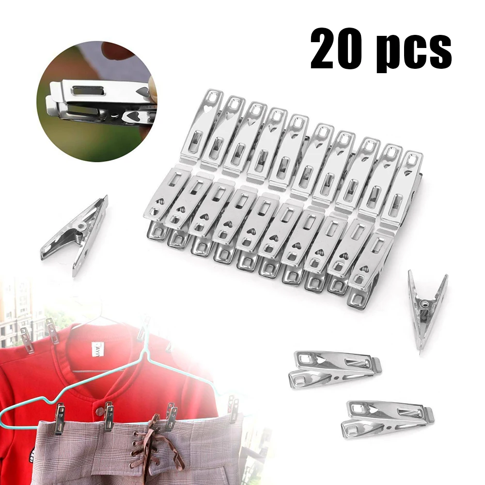 

20Pcs Cloth Clip Laundry Clip Spring Clothes Pegs Stainless Steel Rust-resistant Washable Waterproof For Clothes Bed Linen