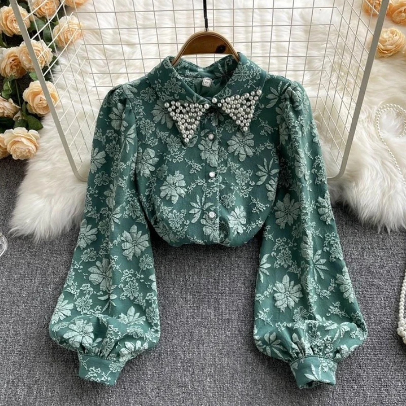 

Retro Women 3D Floral Printing Pearls Beaded Lapel Shirts Single-breasted Lace Spliced Cardigan Long-sleeved Blouses Tops Blusas