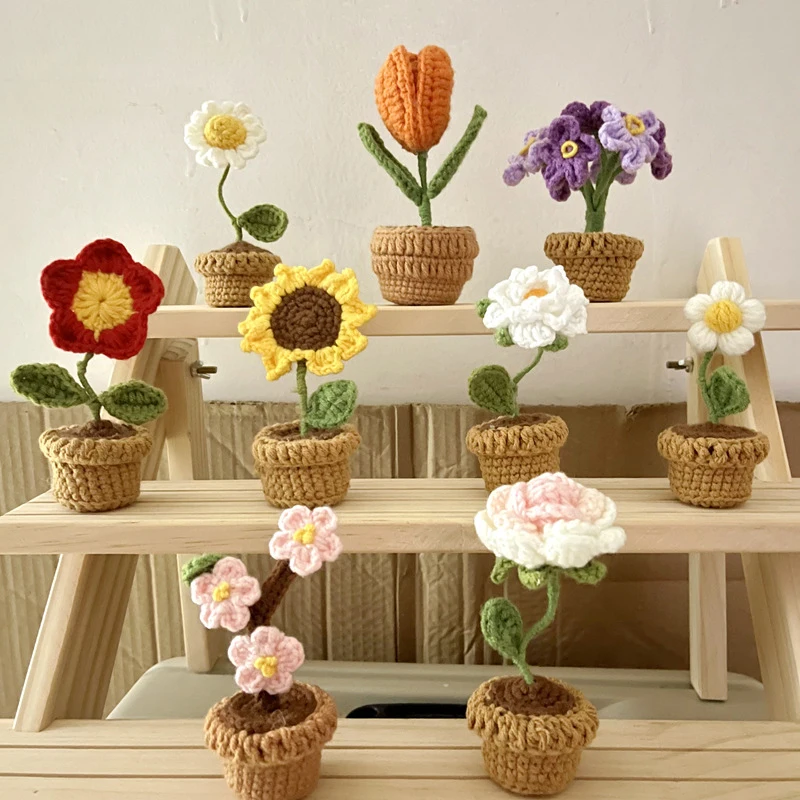 

DIY Handwoven Mini Potted Flower Rose Daisy Crochet Homemade Cute Tulip Office Home Decoration Woolen Finished Flower Bonsail