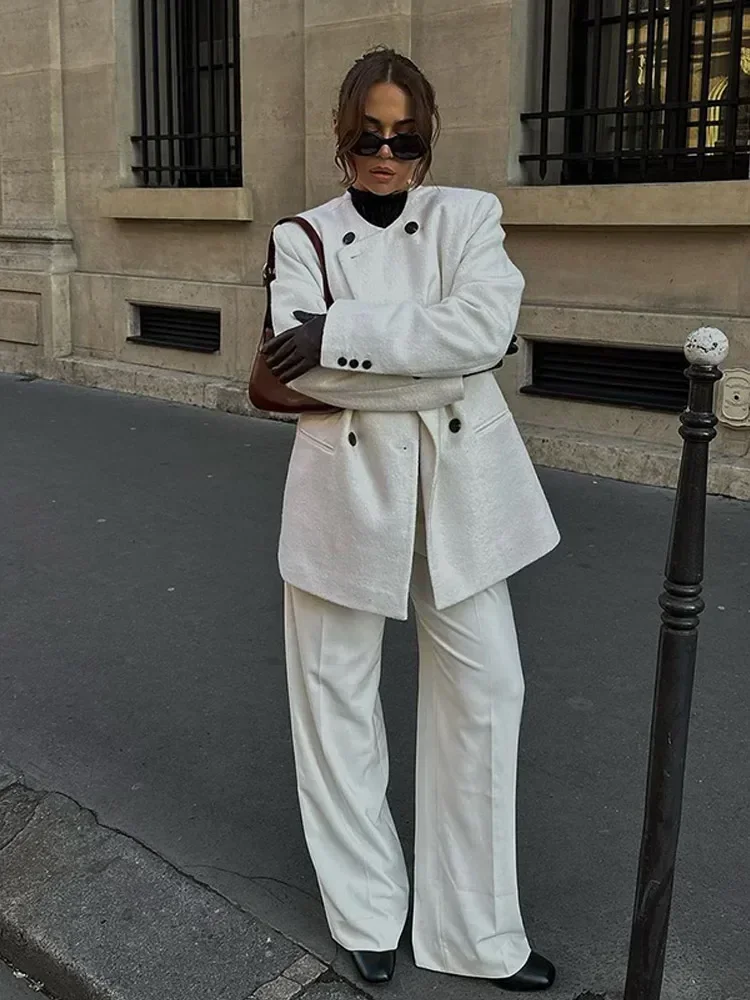 Модное однотонное двубортное шерстяное пальто с круглым вырезом женское