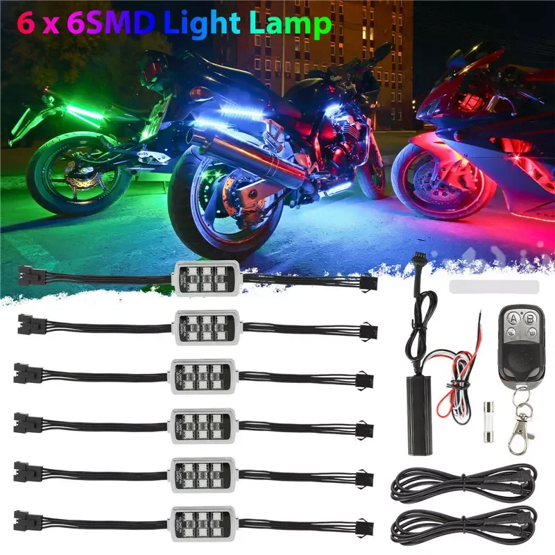 

6 RGB 36 LED Smart Brake Lights Motorcycle Car Atmosphere Light with Wireless Remote Control Moto Decorative Strip Lamp Kit