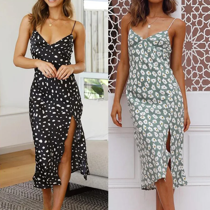 

2022 summer new sexy floral suspender dress hem slit skirt