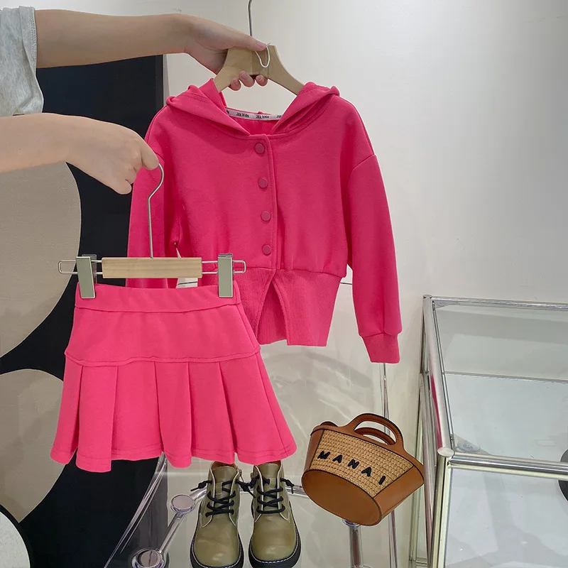 

Children Clothes Set Suit Autumn Dress Teens Girl Design Casual Sports Hooded Top Waist Pleated Skirt Two Piece Set Fashion Kids