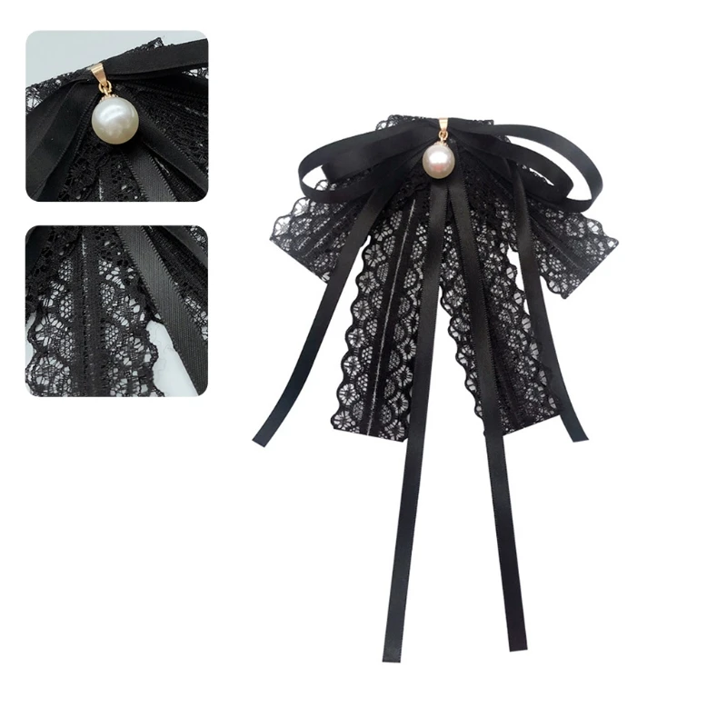 

Women Girls Black Lace Ribbon Bow Tie Faux Pearl Pendant Brooch Pin Necklace Uniform Shirt Blouse Pre-Tied Jabot Collar
