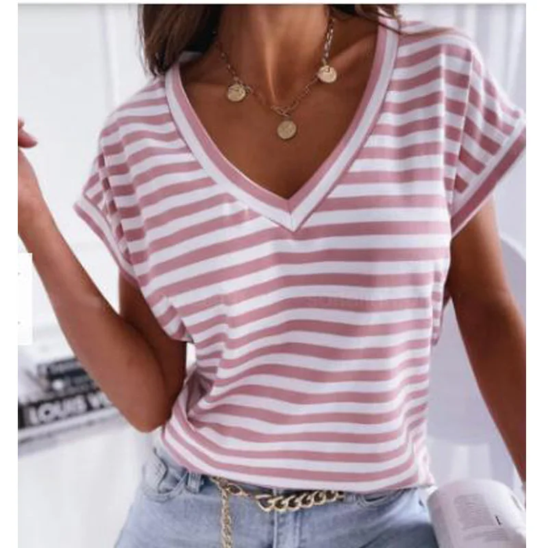 

2022 Summer Skinny Women's Top V-neck Short Sleeve Striped Tops Female New Fashion Elegant Casual Loose Wild Ladies Clothes