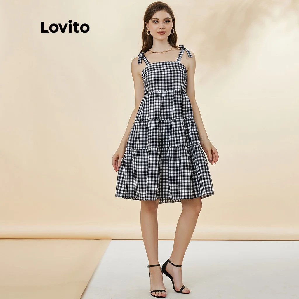 

Lovito Casual Gingham Tie Shoulder Ruffle Hem Dress L19D157 (Black&White)