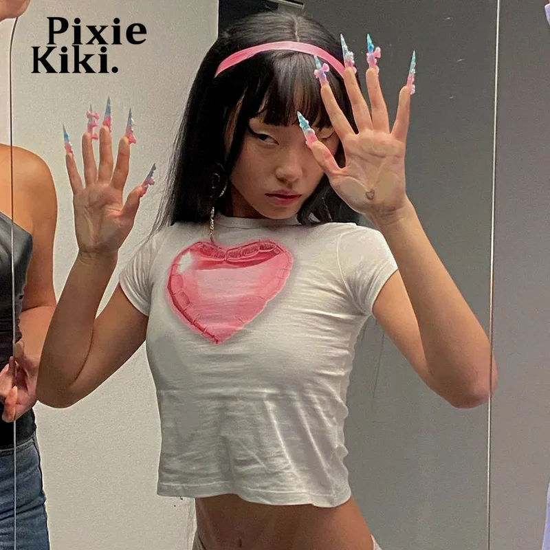 

PixieKiki Graphic T Shirts Love Print White Baby Tee Y2k Streetwear Summer 2022 Womens Fashion Short Sleeve Crop Tops P85-AH10