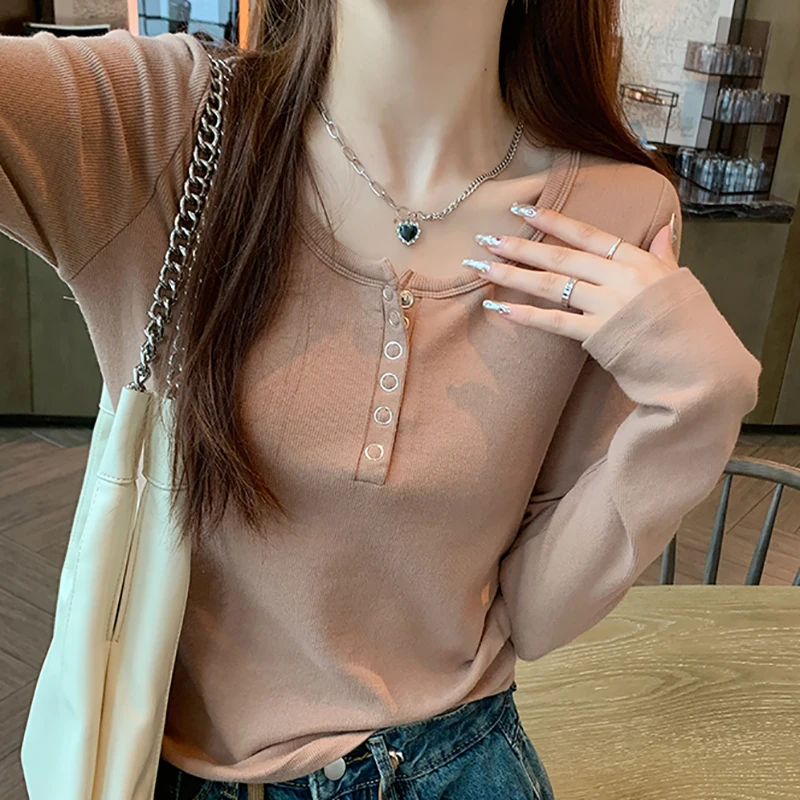 2023 Осенняя Футболка с заклепками на пуговицах женская футболка длинным рукавом