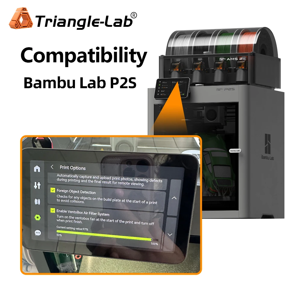 Фото Очиститель воздуха Trianglelab Bambulab P2S с вентилятором 7530 и 3-слойным фильтром. Очищает воздух. Установка без сверления. №5