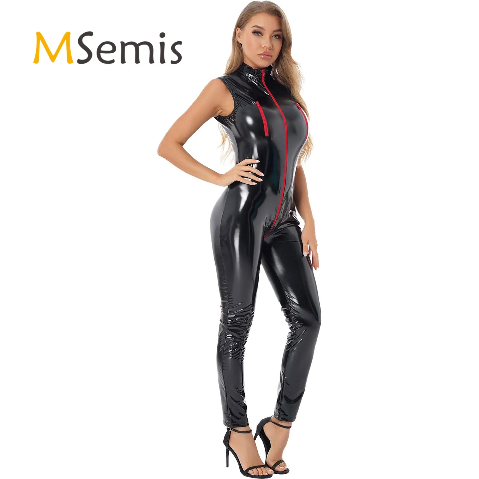 

Sexy Womens Lingerie Latex Catsuit Glossy Patent Leather Skinny Jumpsuits Rave Outfit Mock Neck Bodysuit Porn Clubwear