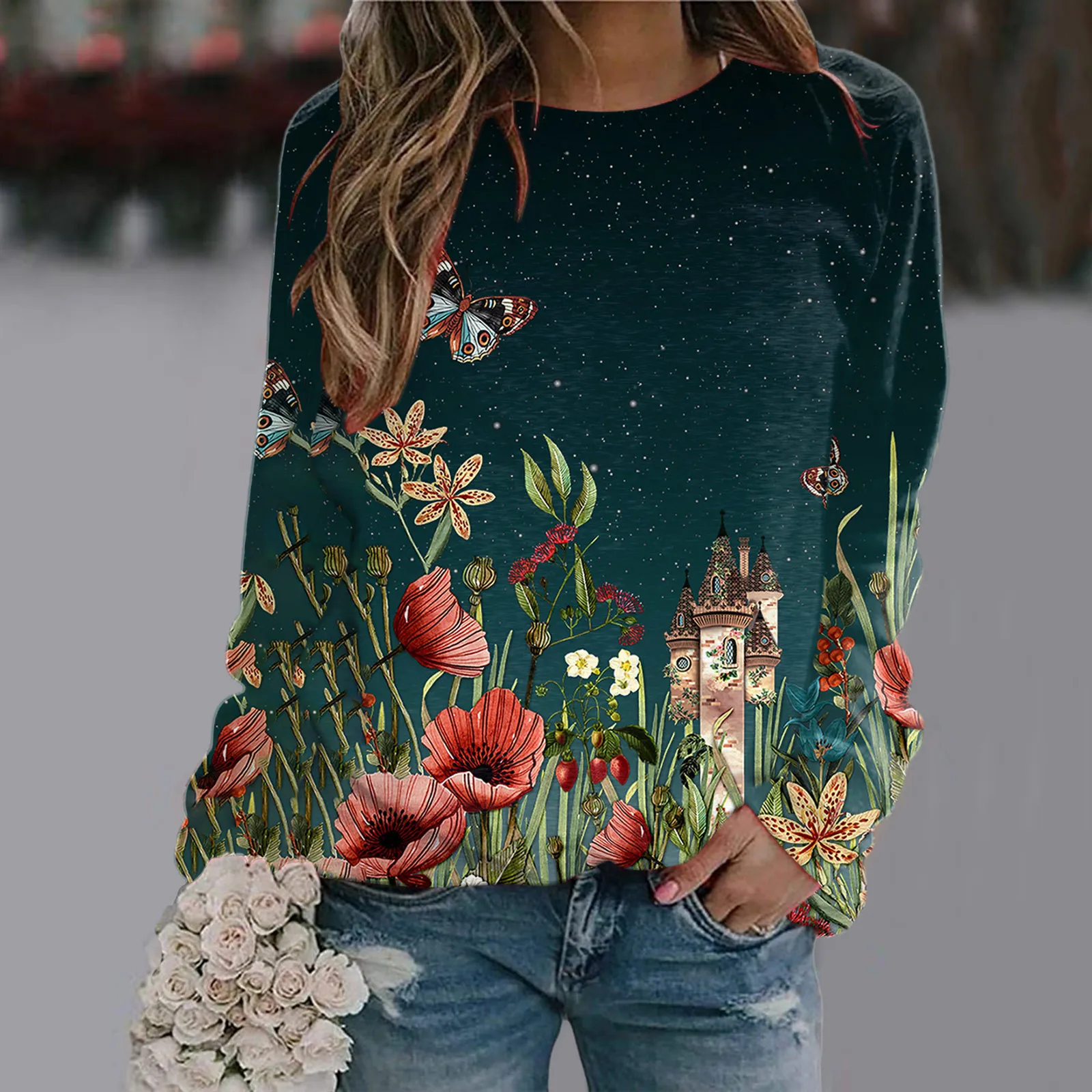 

Ladies Casual Print Fashion Long Sleeve Casual Hoodless Sweatshirt Sweatshirt Athletic Zip Hoodies Women Color Sweatshirt