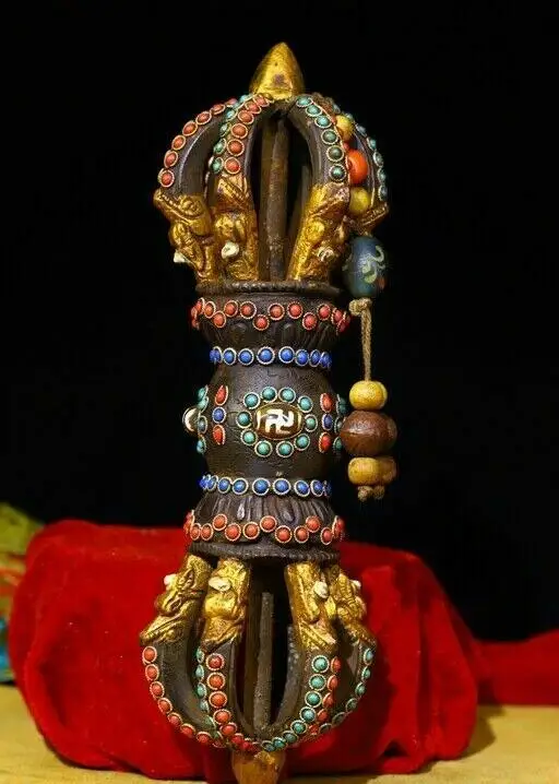 

Старая тибетская бронзовая инкрустация с драгоценным камнем, бирюза agate Dzi Ваджра, Дордже Phurpa Talisman Faqi